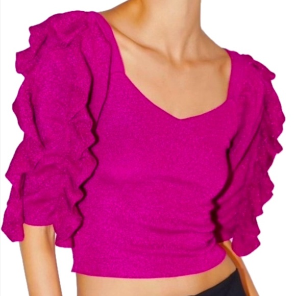 Zara Metallic Knit Crop Top/Sweater with Ruffle Sleeve - Picture 2 of 7